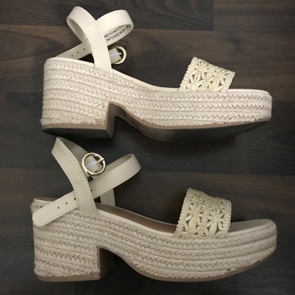 Old Navy Espadrille Platform Sandals Heeled Natural Floral Cream Beige - Picture 1 of 16